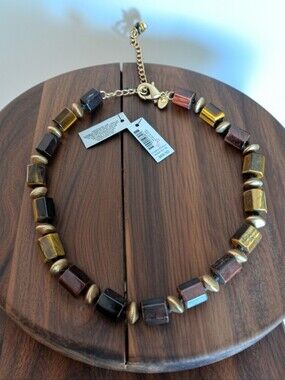 Chico's Faux Tiger's Eye And Gold Beaded Necklace Size 16" + 4" Extension
